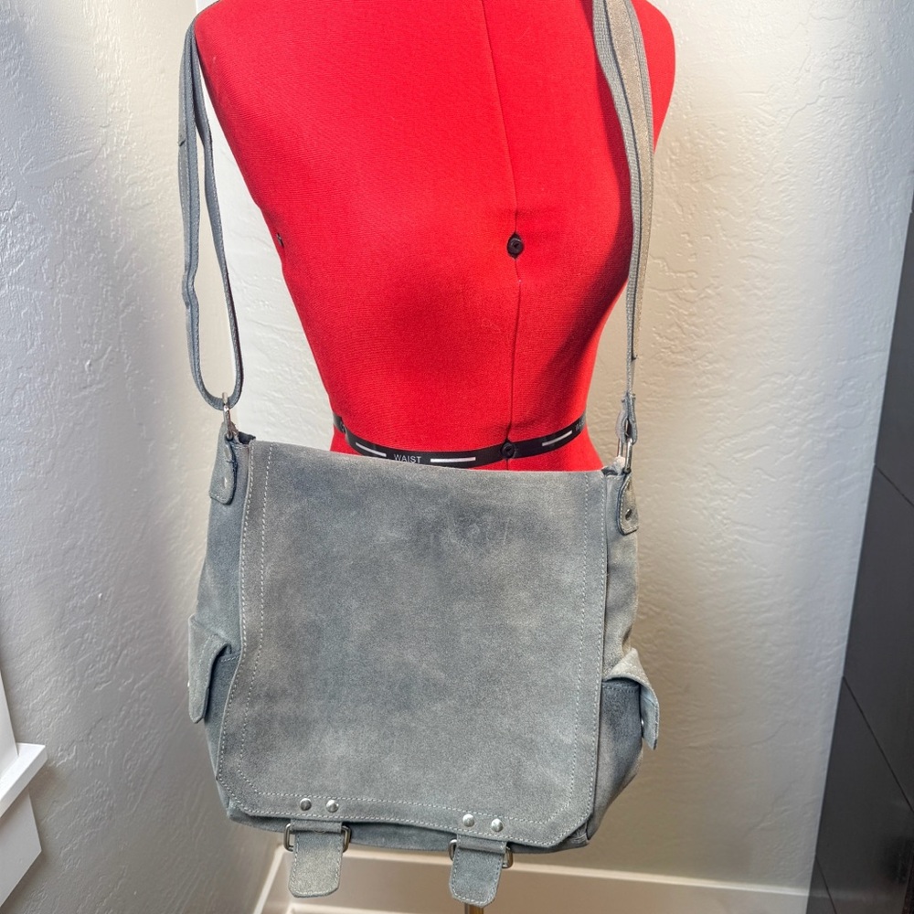 Gray Suede Leather Messenger Bag Crossbody Satchel w/ Utility Pockets